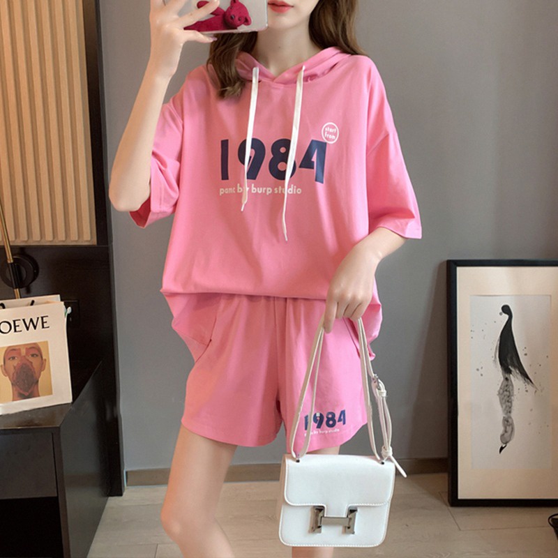 Set Áo Hoodie Tay Ngắn Dáng Rộng + Quần Short Thể Thao Thời Trang Mùa Hè Phong Cách Hàn Quốc Cho Nữ