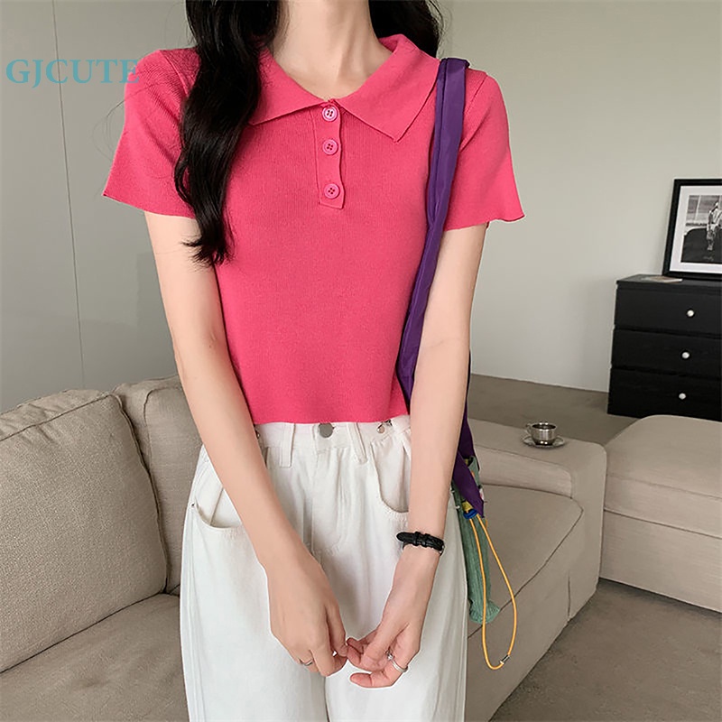 Áo Croptop Dệt Kim Ngắn Tay Họa Tiết Kẻ Sọc Có Cổ Cài Nút Thời Trang Thường Ngày