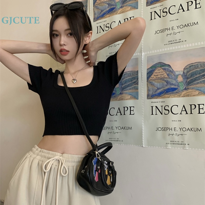 Áo Croptop Dệt Kim Tay Ngắn Cổ Vuông Màu Trơn Thời Trang Mùa Hè Quyến Rũ Cho Nữ