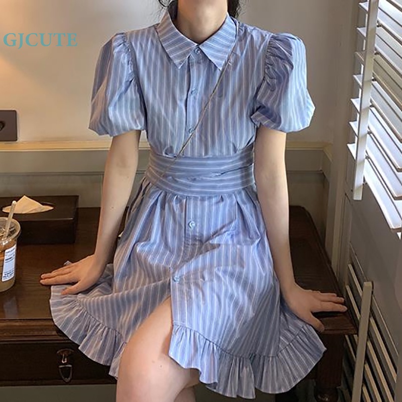 Đầm Chữ A Kẻ Sọc Tay Phồng Dễ Thương Cho Bạn Gái WTD