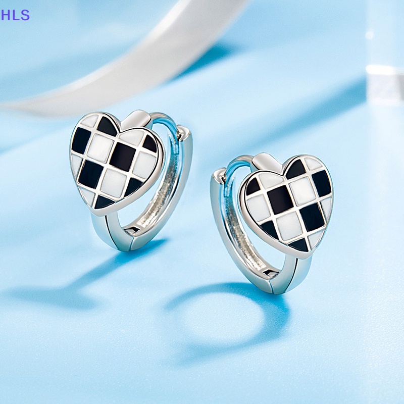 1 Đôi Bông Tai Bạc Hình Trái Tim Họa Tiết Sọc Caro Trắng Đen Sáng Tạo Thời Trang Dành Cho Nữ
