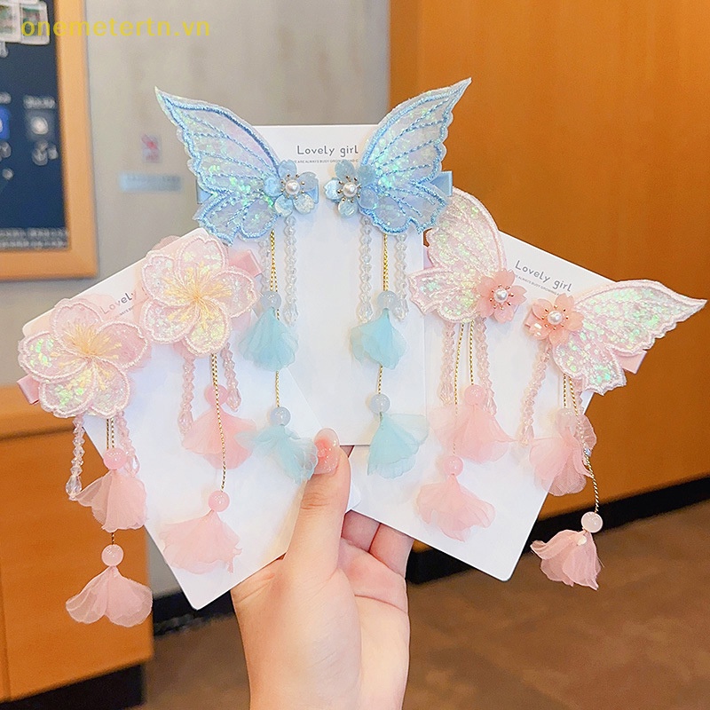 1 Cặp Kẹp Tóc Tua Rua Thêu Hình Hoa / Bướm Handmade Thời Trang Cho Nữ