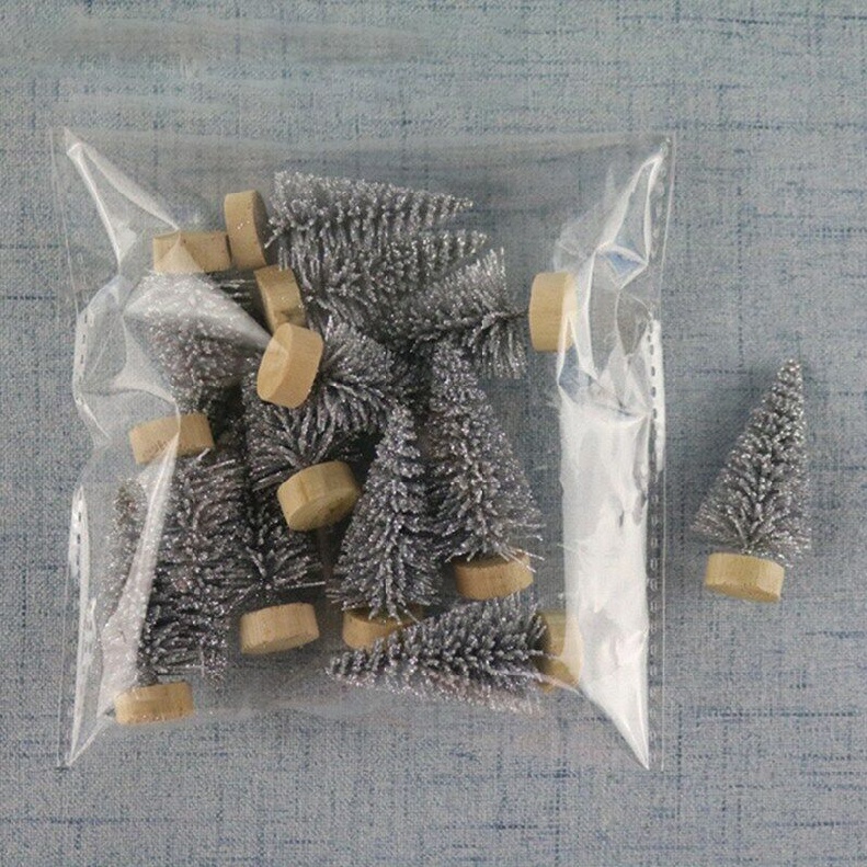 New 12pcs Small Christmas Fake Pine Tree 4.2cm Mini Sisal Bottle Brush Snow Frost Tree