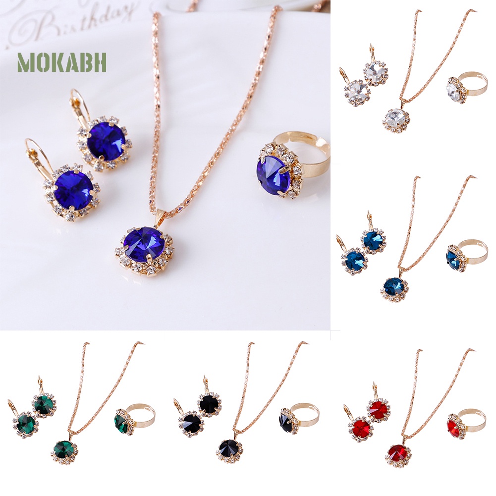 Bộ Vòng cổ + Nhẫn + Bông Tai Hình Tròn Đính Đá Thời Trang Cho Nữ