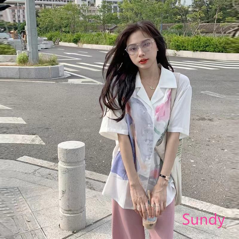 Áo Sơ Mi Ngắn Tay Dáng Rộng In Hình Tranh Sơn Dầu Thời Trang Mùa Hè Dành Cho Nữ