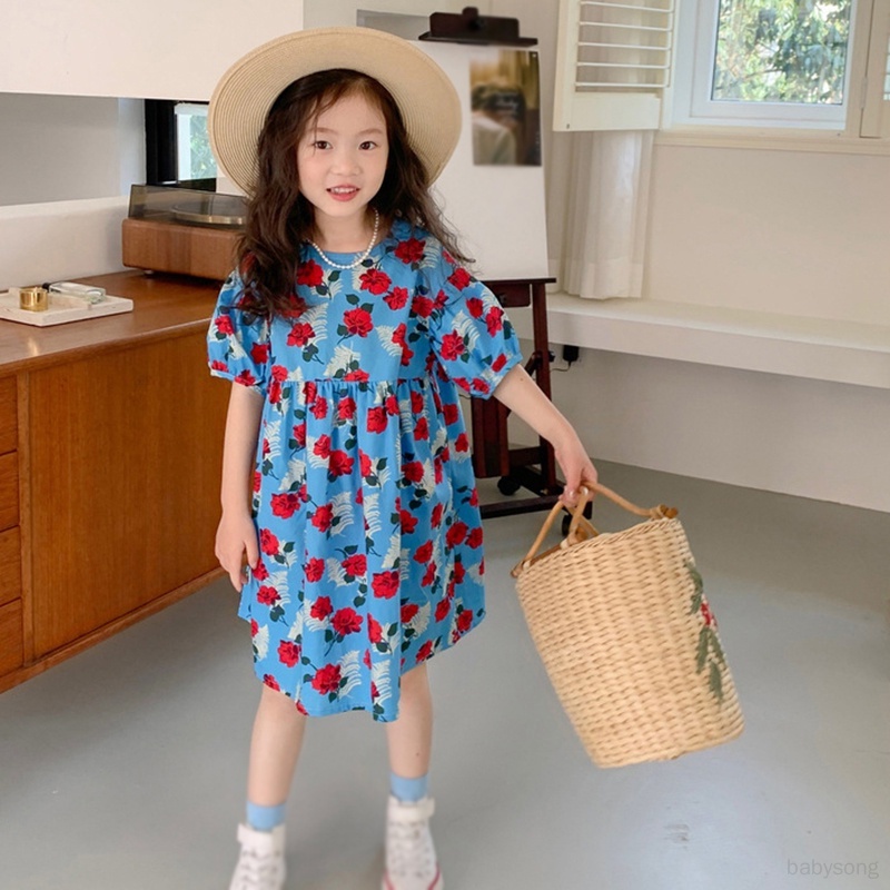 Đầm Công Chúa Mùa Hè Tay Cộc Phồng Có Diềm Xếp Nếp Phong Cách Hàn Quốc Cho Bé Gái