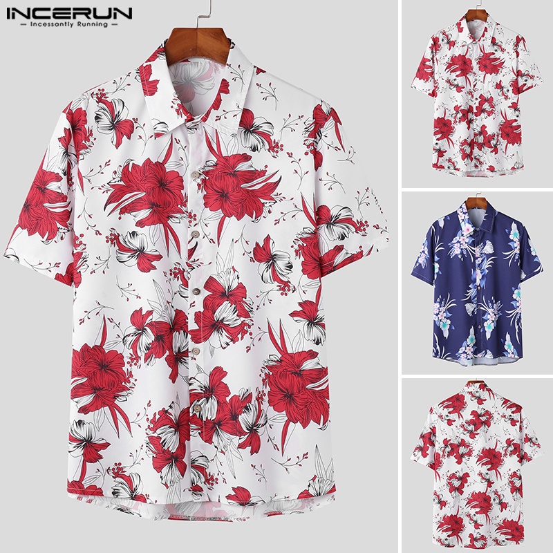 INCERUN Áo Sơ Mi Ngắn Tay In Hoa Thời Trang Dành Cho Nam