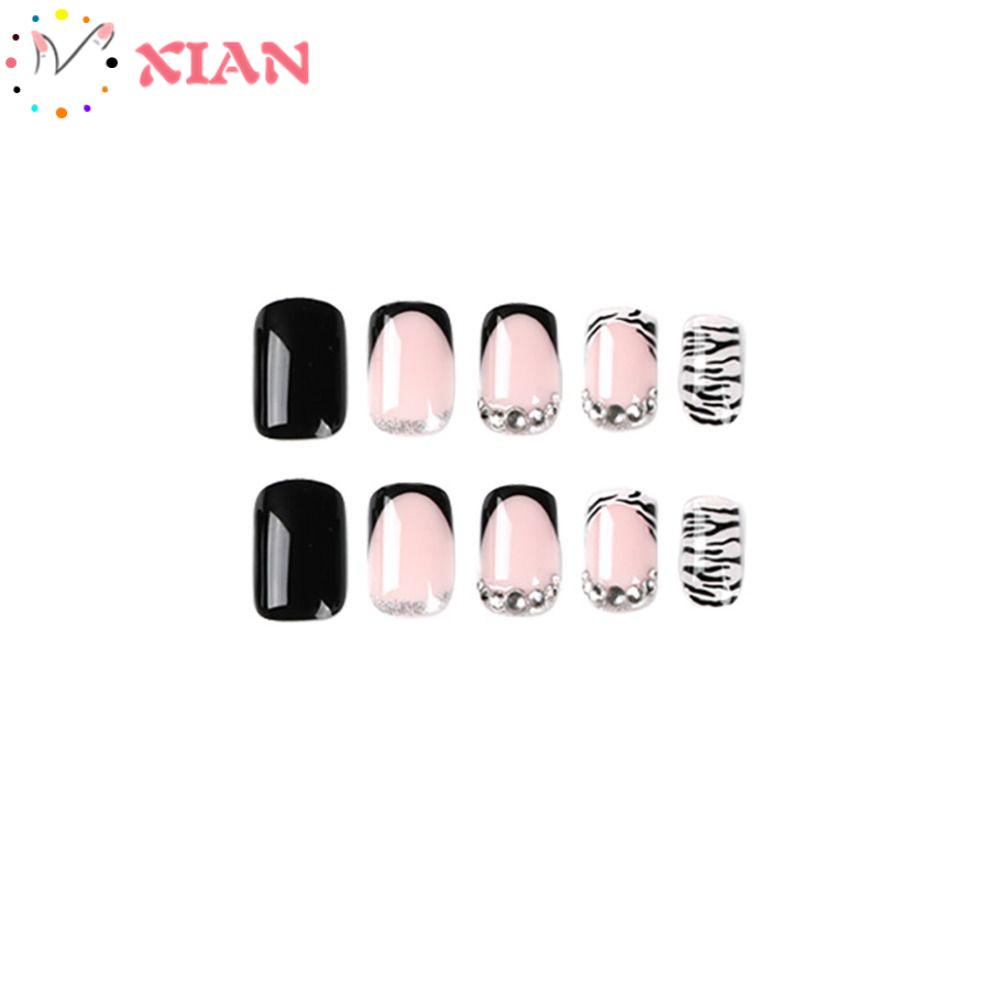 XIANTIN Bộ Móng Tay Giả Màu Đen Lấp Lánh Phong Cách Pháp