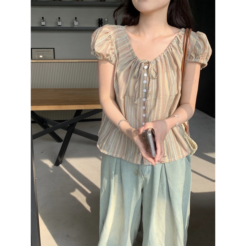 Áo Thun Cổ Chữ V Dáng Rộng Họa Tiết Kẻ Sọc Màu Sắc Trẻ Trung