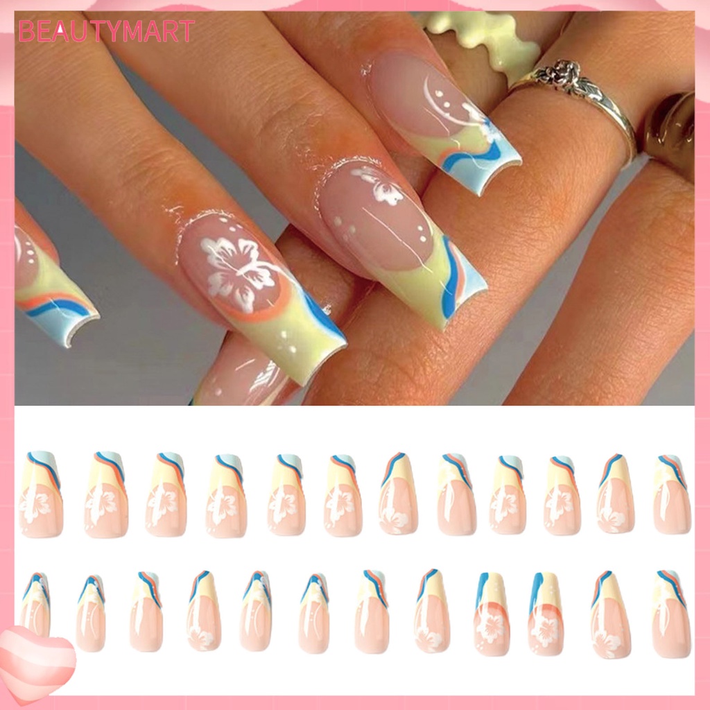 Set 24 Móng Tay Giả In Hoa Màu Sắc Tương Phản Phong Cách Pháp