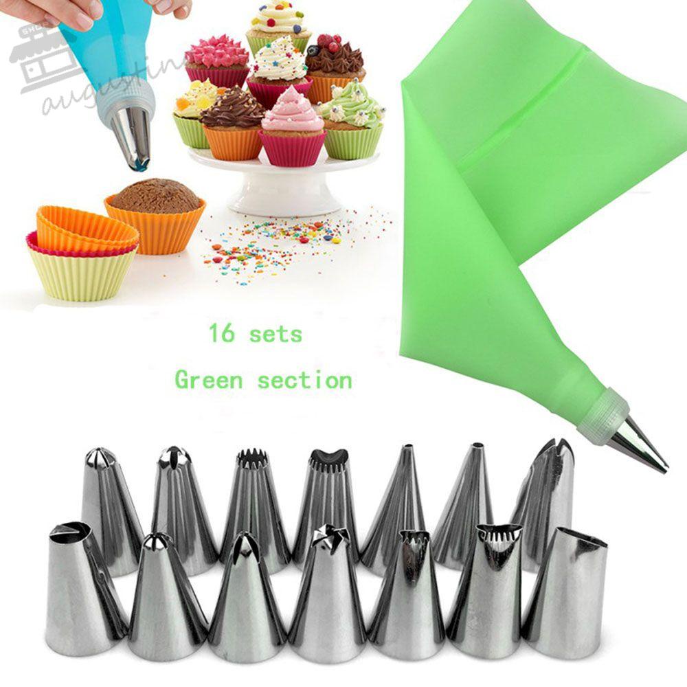 AUGUSTINA Set 16 Đuôi Bắt Bông Silicone + Túi Bắt Bông Kem Bằng Thép Không Gỉ