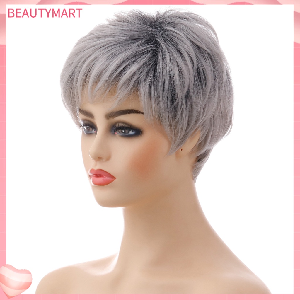 Tóc Giả Ngắn Bằng Lụa Màu Xám Bạc Tự Nhiên Thời Trang Cho Nữ
