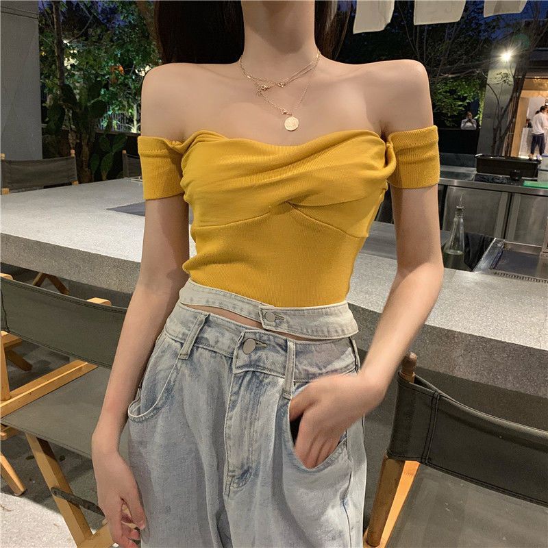 Áo Dệt Kim Tay Ngắn Trễ Vai Phong Cách Hàn Quốc Cho Nữ