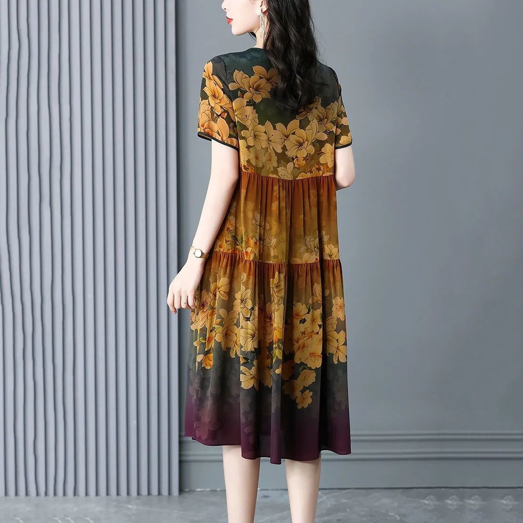 Đầm Xòe Ghép Vải Lụa Dáng Rộng In Họa Tiết Thổ Cẩm Kiểu Dân Tộc Cổ Điển Phong Cách Mới Mùa Hè 2022