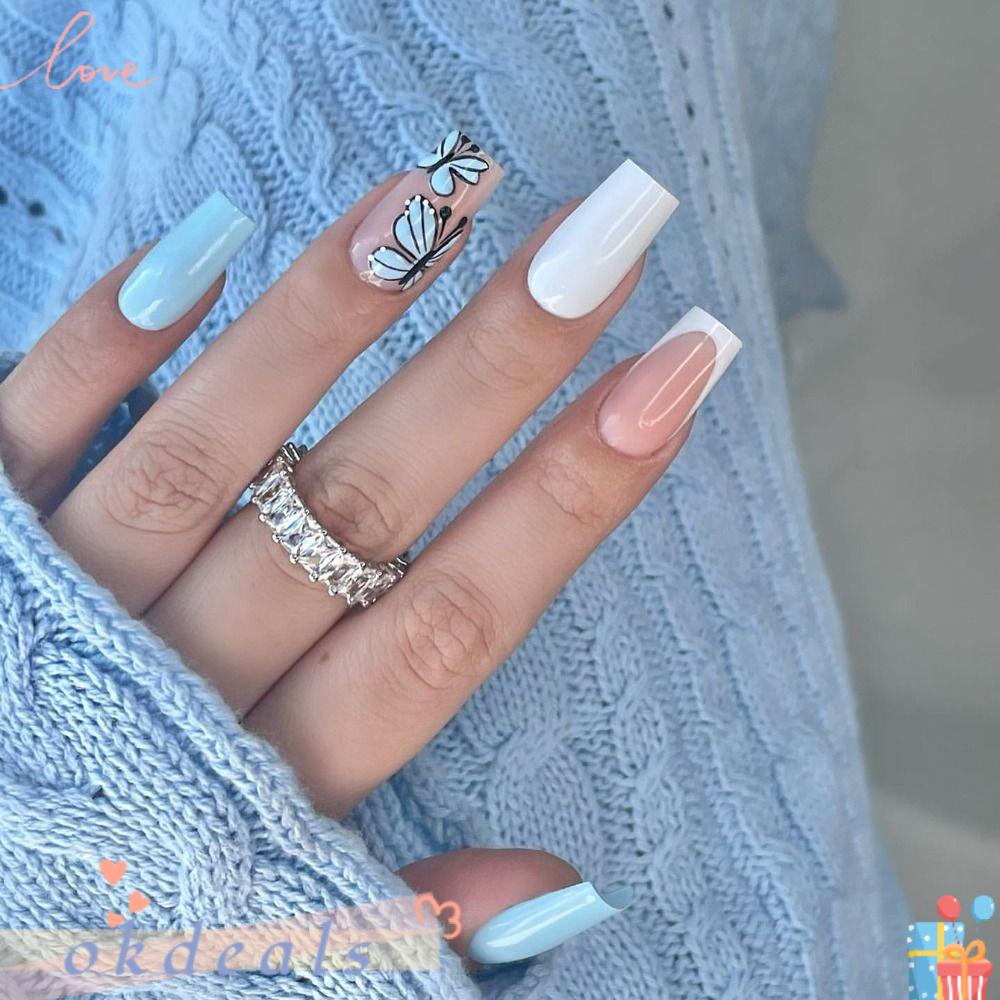 OKDEALS Set 24 Móng Tay Giả Màu Trắng Hình Bướm