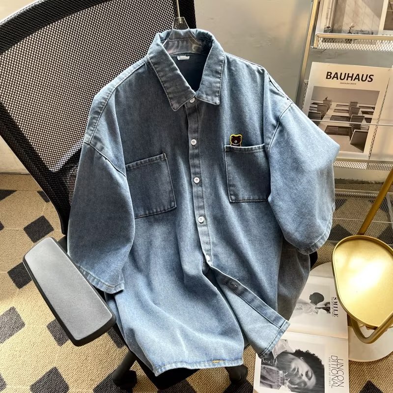 Áo Sơ Mi Denim Tay Ngắn Dáng Rộng Phong Cách Đường Phố Mỹ Thời Trang Mùa Hè Cho Nam
