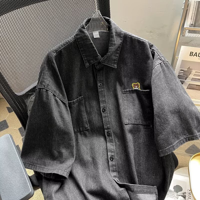 Áo Sơ Mi Denim Tay Ngắn Dáng Rộng Phong Cách Đường Phố Mỹ Thời Trang Mùa Hè Cho Nam