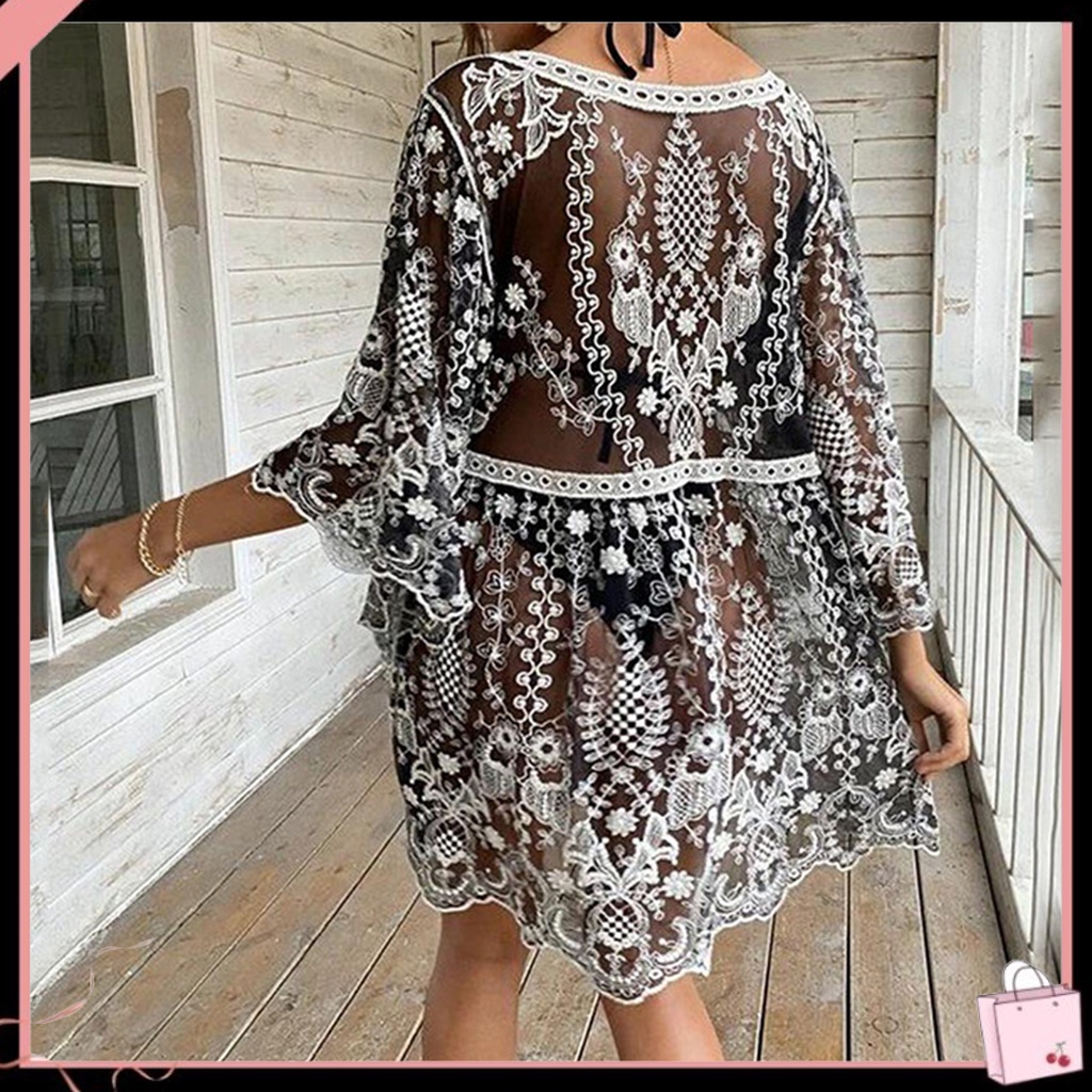 Áo Khoác Ren Móc Tay Lỡ 3 / 4 Cổ Chữ V Dáng Rộng Chống Nắng Thêu Họa Tiết Dành Cho Nữ Đi Bơi