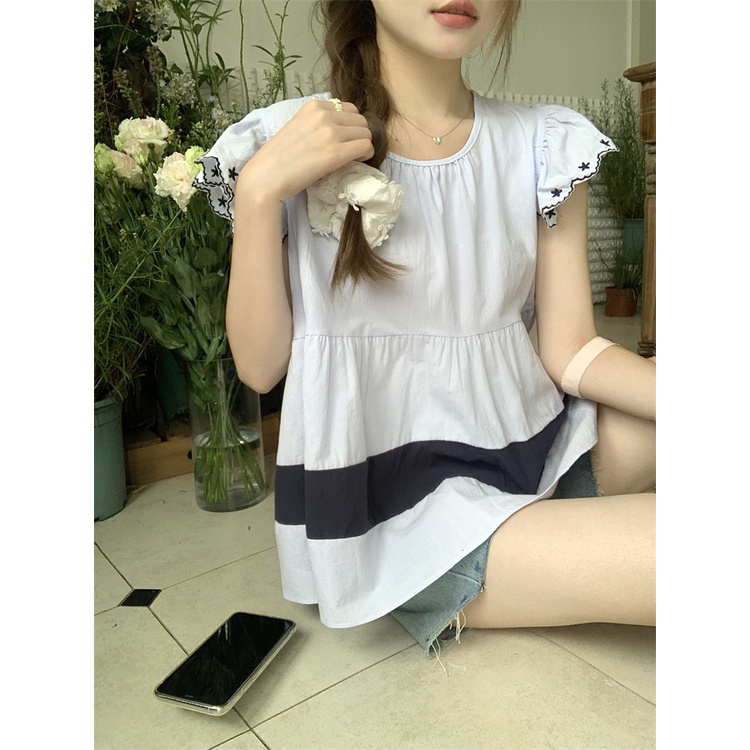 Áo Sơ Mi Cổ Tròn Tay Cánh Tiên Dáng Rộng Thời Trang Mùa Hè Hàn Quốc Dành