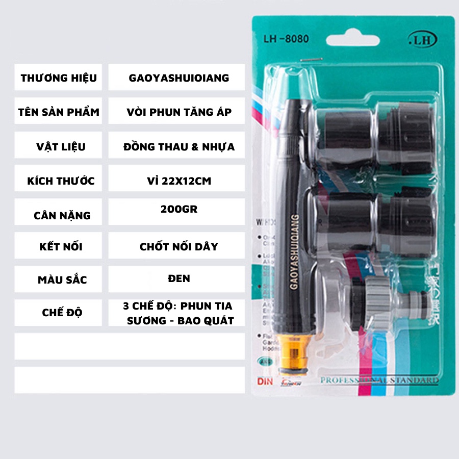 Bộ đầu xịt tăng áp rửa xe, vòi xịt tưới cây, rửa xe nhiều chế độ phun xịt nước, chất liệu hợp kim nhôm bền bỉ- Huy Tưởng