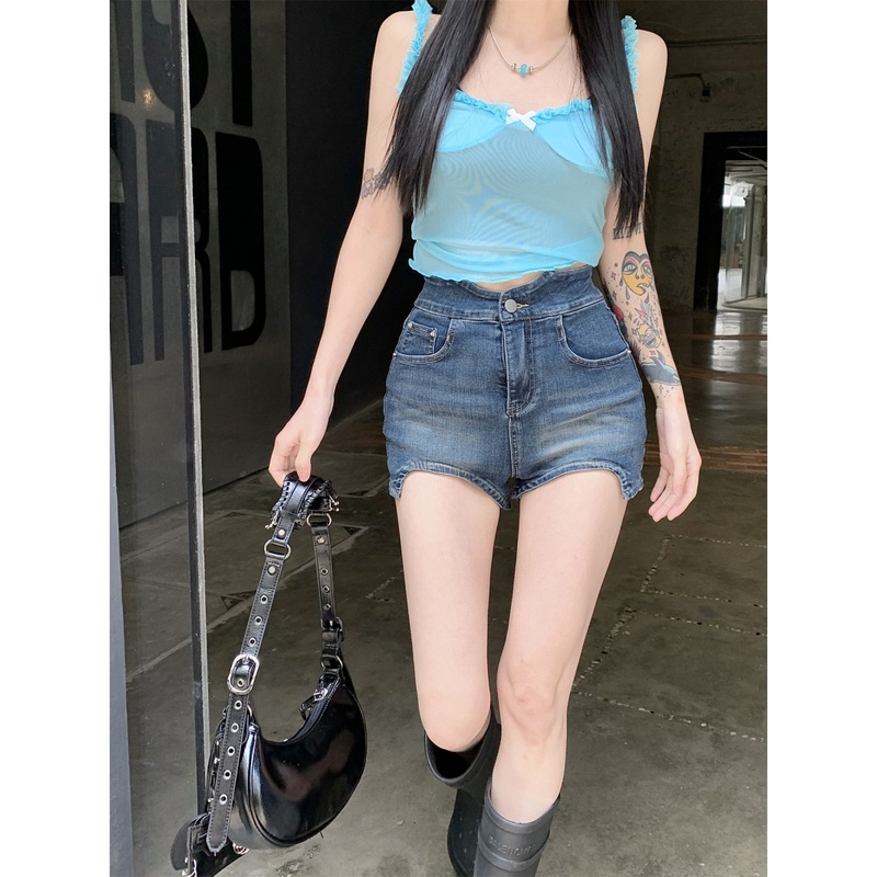 Quần Short Denim Lưng Cao Dáng Ôm Thiết Kế Lệch Tà Cá Tính