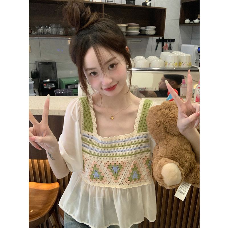 Áo Chiffon Cổ Vuông Tay Ngắn Phối Màu Tương Phản Thời Trang Mùa Hè Cho Nữ