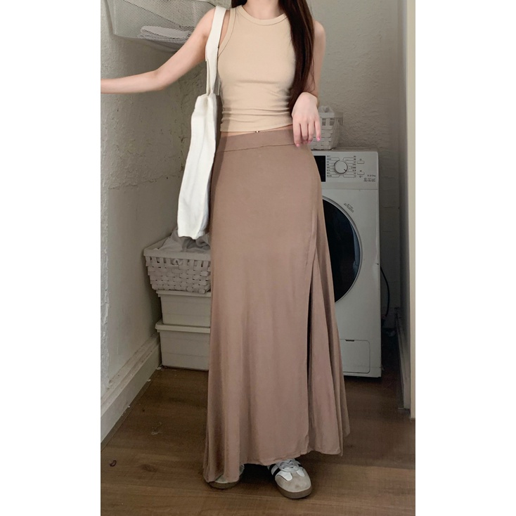 Chân Váy Xẻ Tà Dáng Chữ A Lưng Cao Màu Trơn Mùa Hè Hàng Mới Dành Cho Bạn Nữ