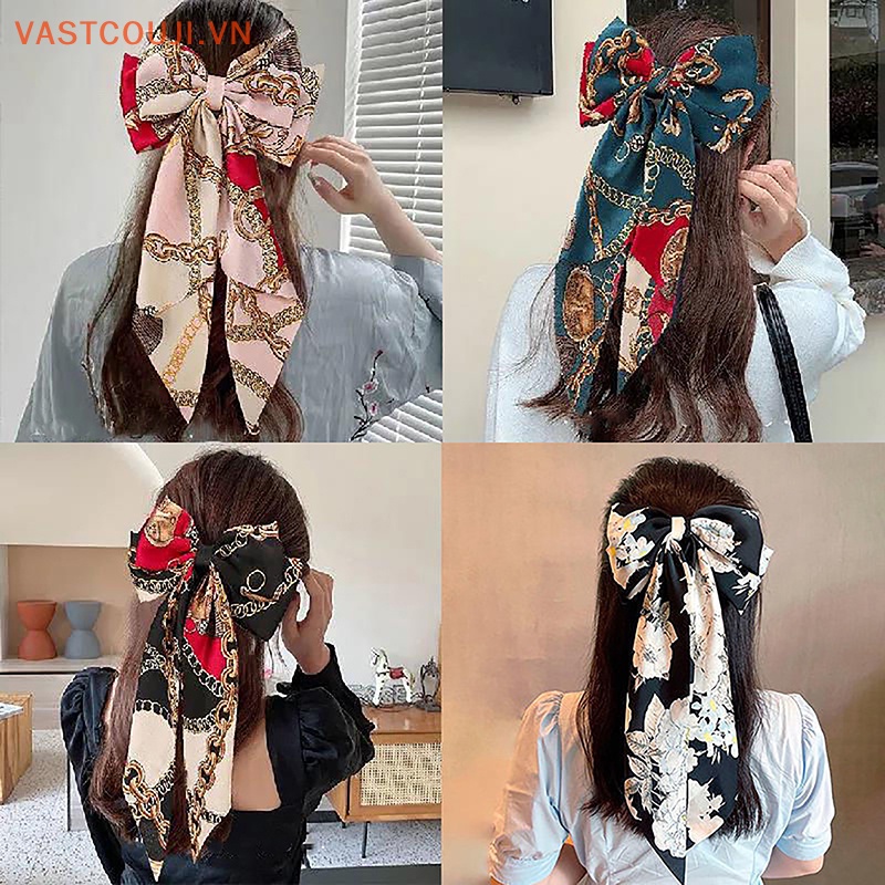 Kẹp Tóc Nơ Dài In Họa Tiết Hoa Thời Trang Cho Nữ