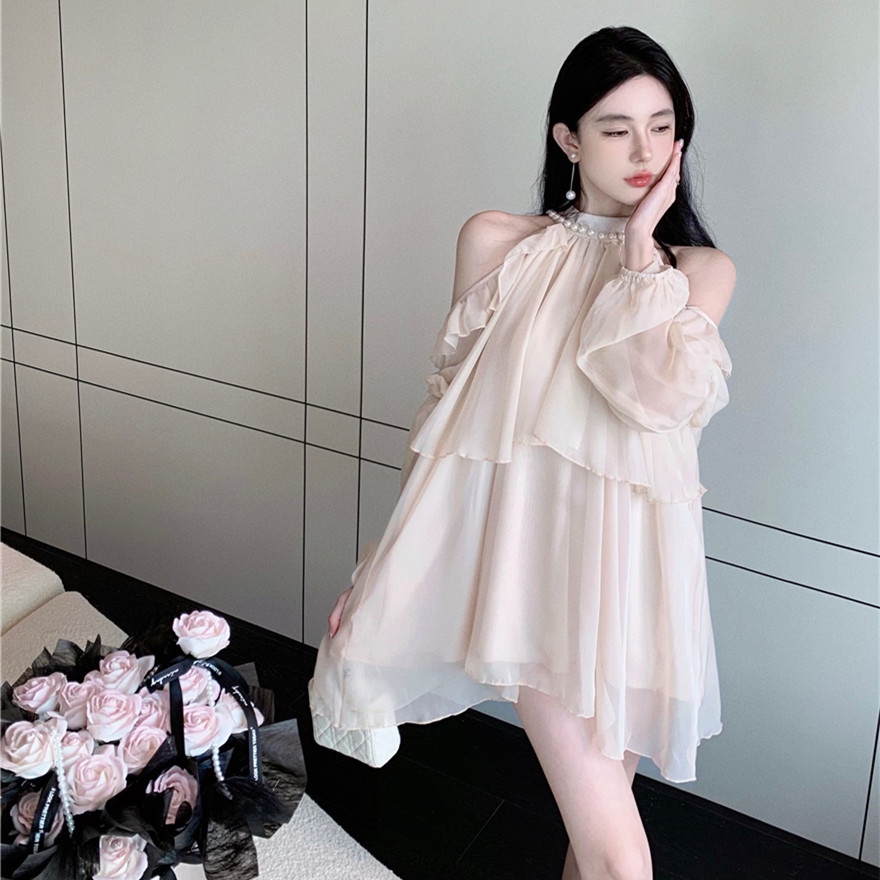 Áo Kiểu Chất Chiffon Tay Dài Thiết Kế Trễ Vai Hợp Thời Trang