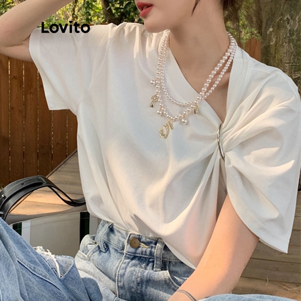 Lovito Áo thun kim loại xếp nếp trơn giản dị cho nữ LNA09274 (Trắng)