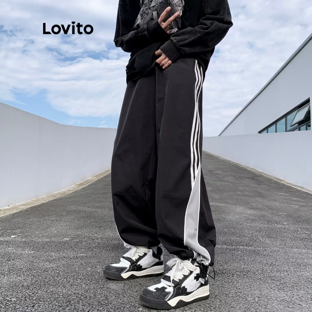 Lovito Quần lưng ngang thắt lưng màu trơn đơn giản có túi tương phản cho nữ LNE09123 (Đen)