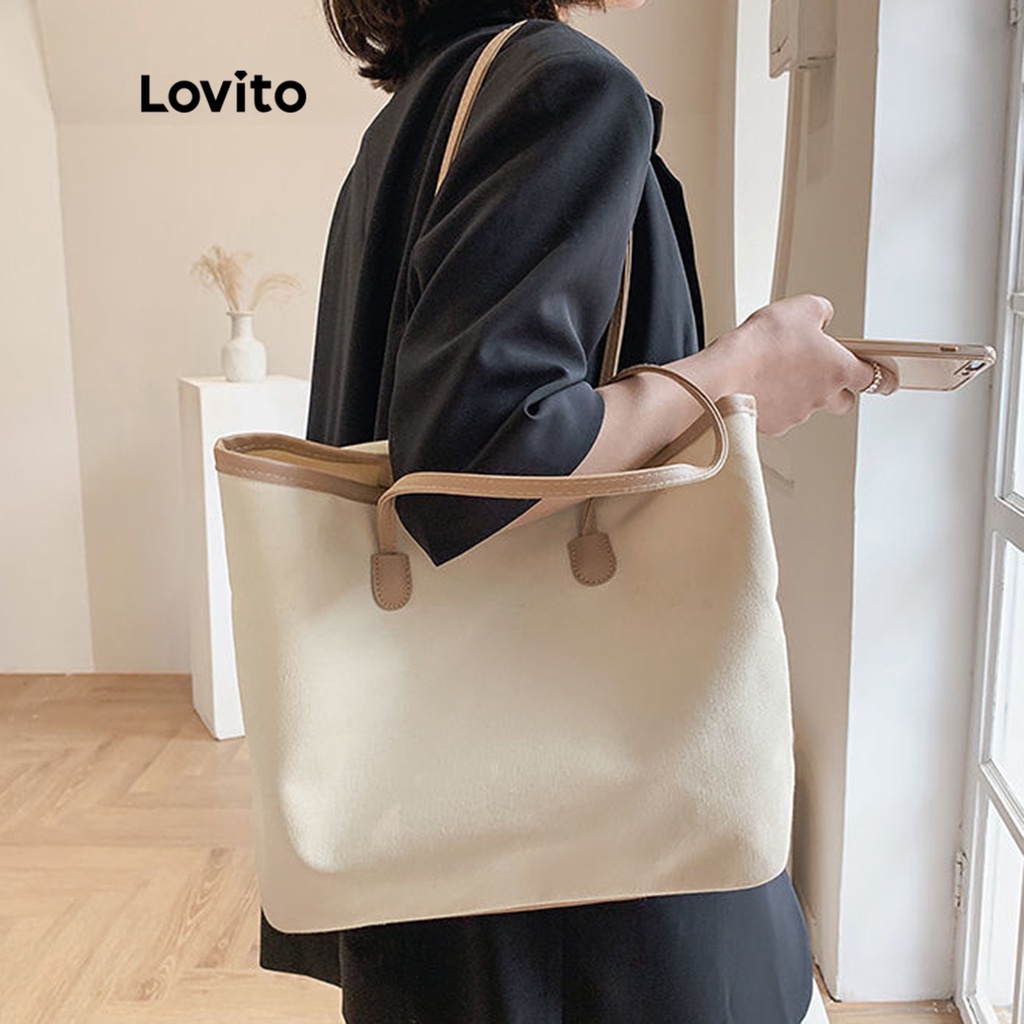 Lovito Túi tote đeo vai cơ bản màu trơn đơn giản tương phản cho nữ LNA09126 (Mơ/Đen)