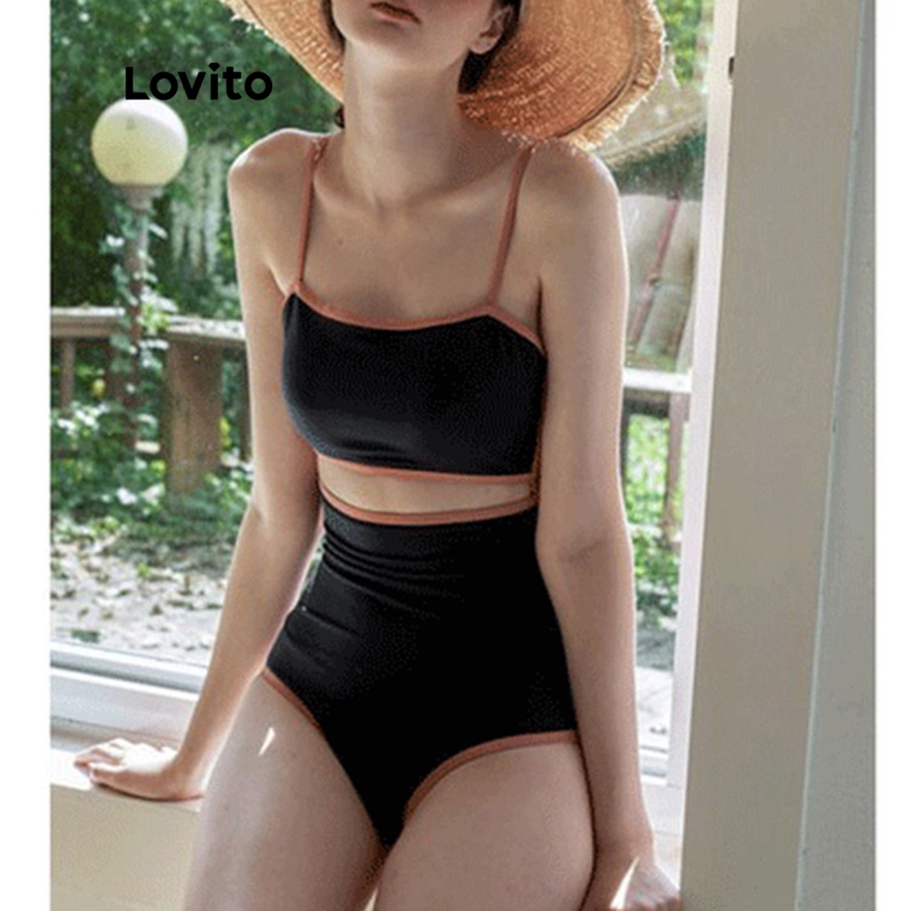Lovito Bộ bikini ràng buộc tương phản màu trơn đơn giản dành cho nữ LNA09377 (Đen)