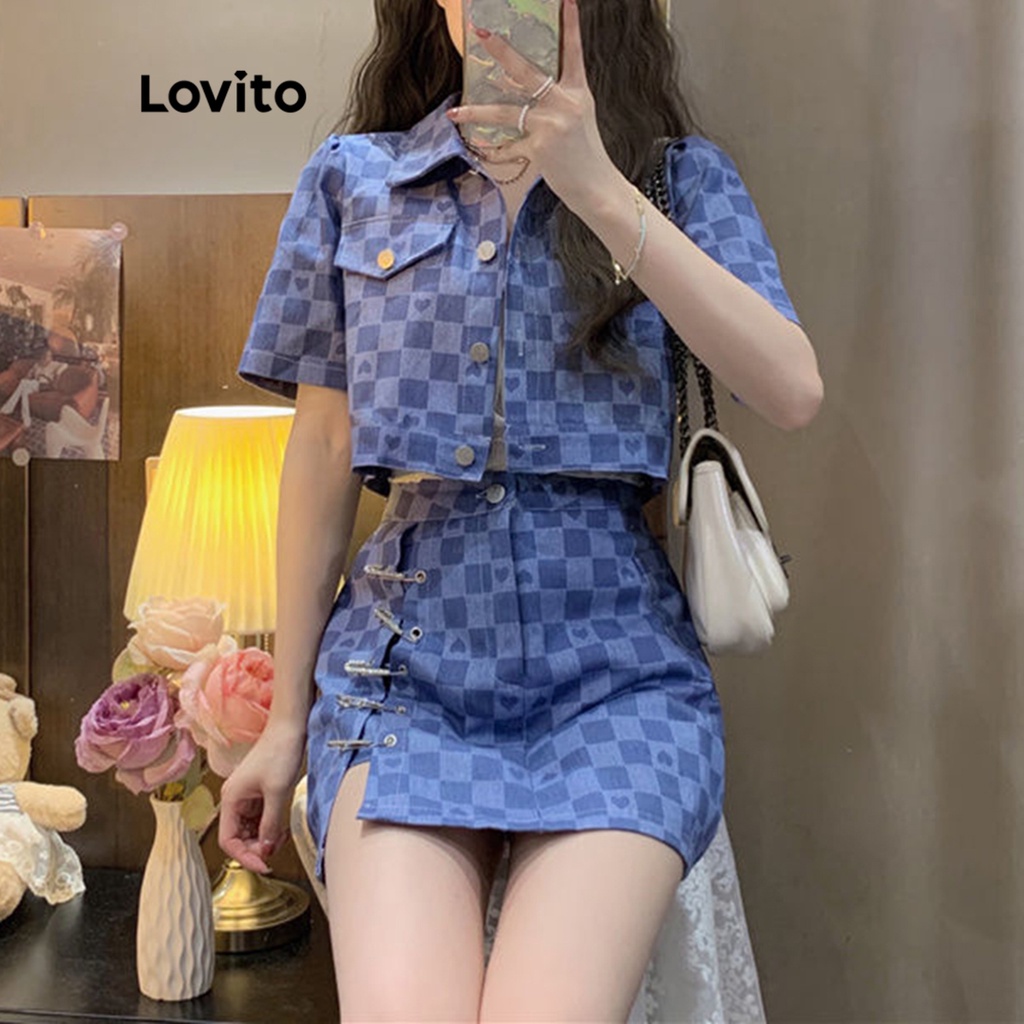 Lovito Váy mini chữ A kẻ caro dễ thương có khuy giữa eo dành cho nữ LNE09061 (Màu xanh da trời)