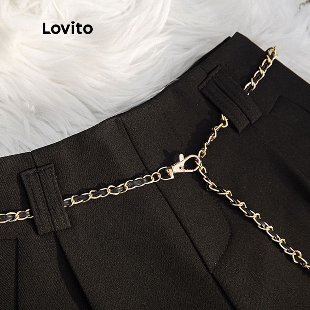 Lovito Quần short lưng thẳng thắt lưng trơn có túi thanh lịch dành cho nữ LNE09148 (Đen)