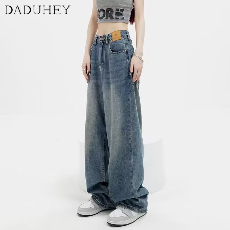 Quần jean dài DADUHEY size lớn ống rộng cạp cao vải giặt thời trang retro phong cách Hàn Quốc