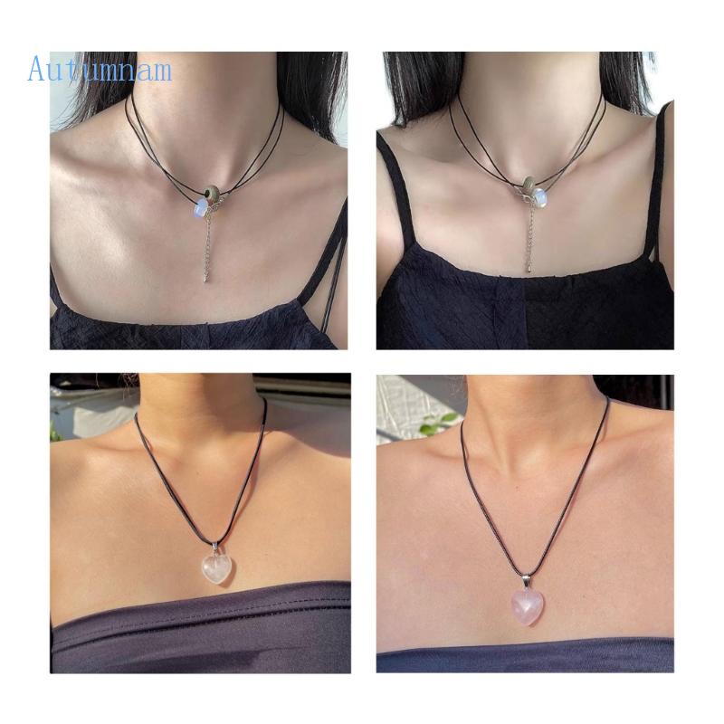 Vòng cổ Mặt Vuông Đính Đá Ngọc Bích Tự Làm Dễ Phối Đồ