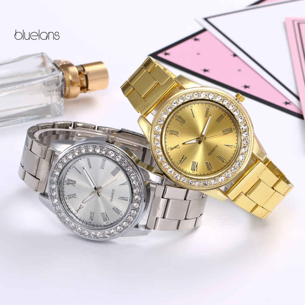 Đồng Hồ Analog Máy Quartz Nữ Mặt Tròn Đính Hột Xoàn Dây Da Sang Trọng