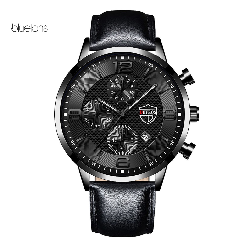 Đồng Hồ Thạch Anh Tròn Dây Da Giả Có Lịch Phát Sáng Độc Đáo Cho Nam