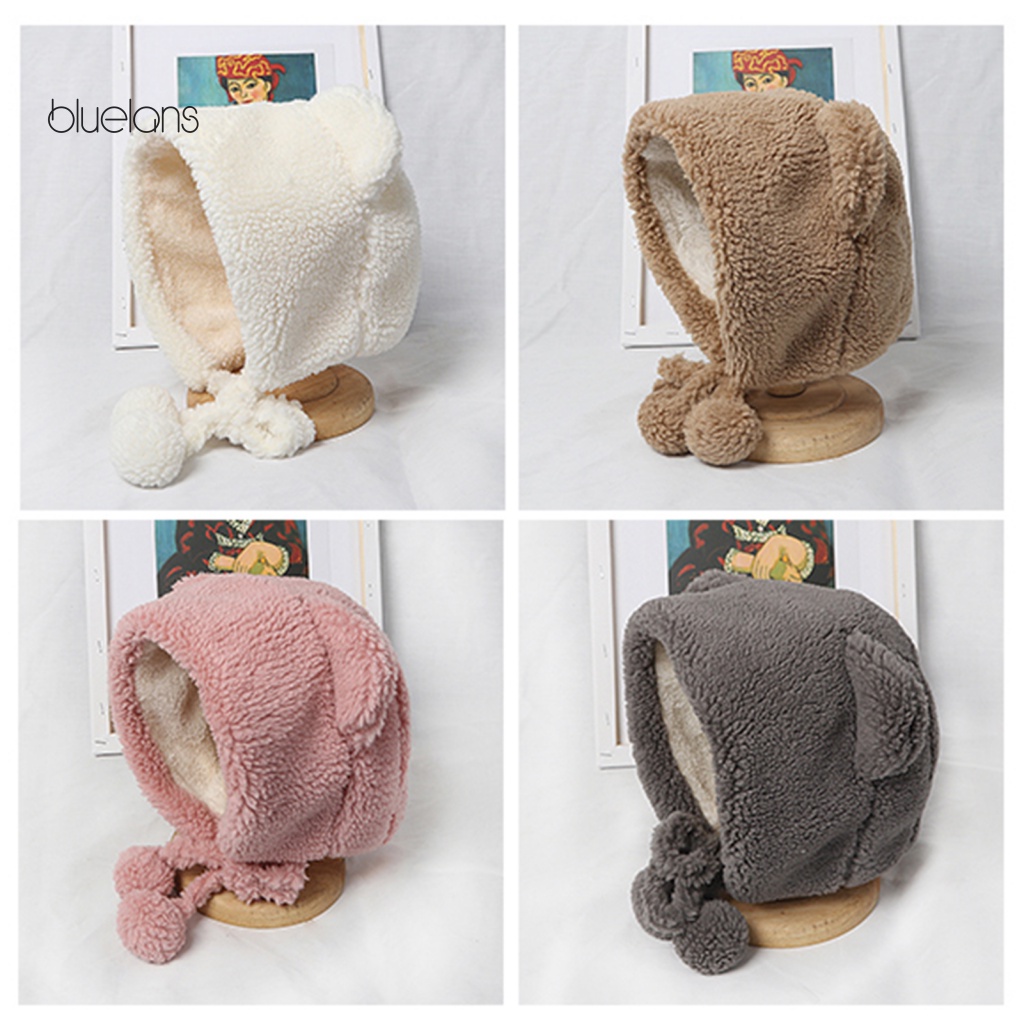 Mũ Tai Gấu Nhồi Bông Màu Trơn Cột Dây Bảo Vệ Tai Không Viền Màu Sắc Ngọt Ngào Thời Trang Mù