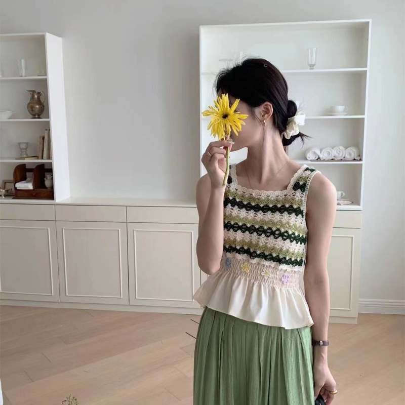 Áo Croptop Dệt Kim Không Tay Cổ Vuông In Hoa Thời Trang Mùa Hè Cổ Điển Cho Nữ