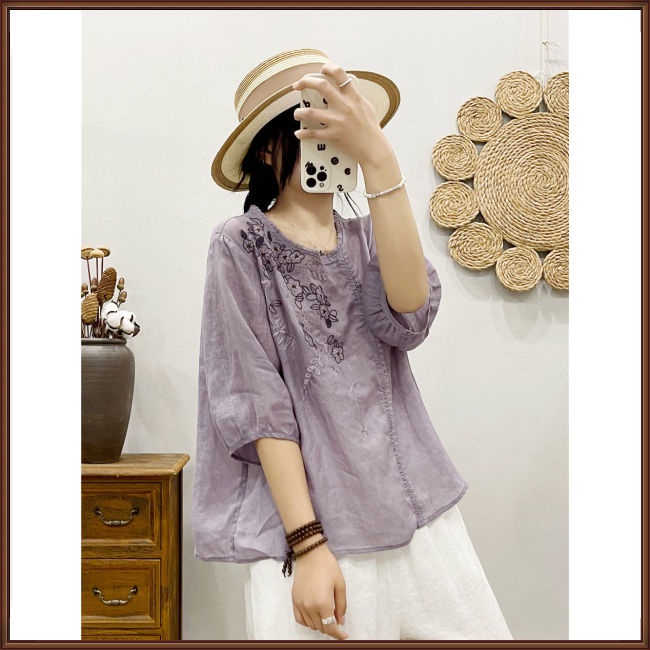 Áo Sơ Mi Cotton Lanh Mỏng Cổ Tròn Tay Ngắn Thêu Họa Tiết Kiểu Retro Thời Trang Mùa Hè Cho Nữ