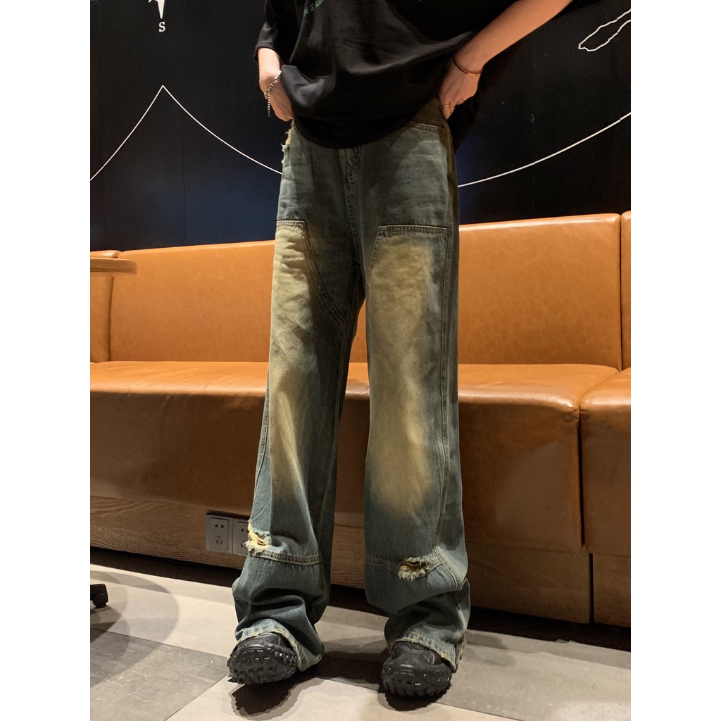 Quần Jean Dài Dáng Rộng Rách Gối Màu Sắc Tương Phản Phong Cách Hip Hop Đường Phố Cá Tính