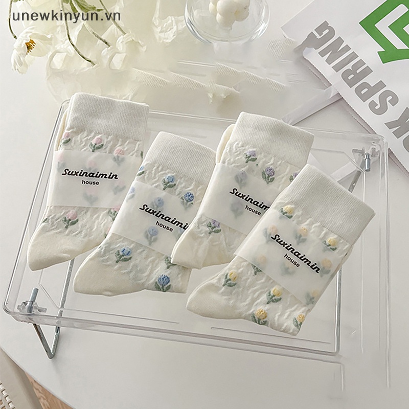 1 Đôi Vớ Cotton Dài In Hình Hoa Tulip Phong Cách Harajuku Nhật Bản Dễ Thương Cho Nữ