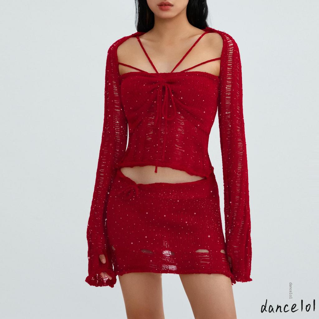 dance1o1-Women Long Sleeve Tie-up Shrug with Sequined Tube Tops and Low Waist Mini Skirt Outfit，8 colors
