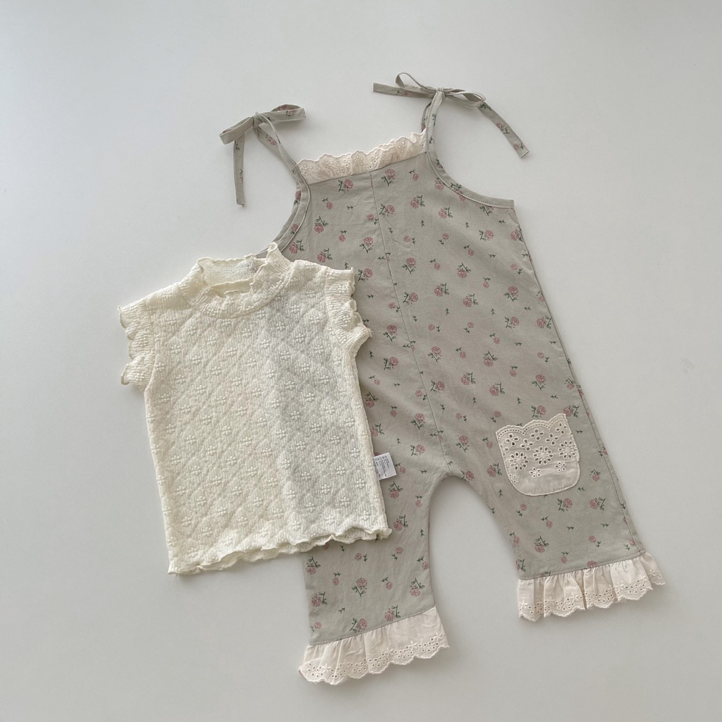 Bộ Áo Liền Quần Hai Dây Phối Ren Họa Tiết Hoa Thời Trang Mùa Hè Hàn Quốc Cho Bé Gái