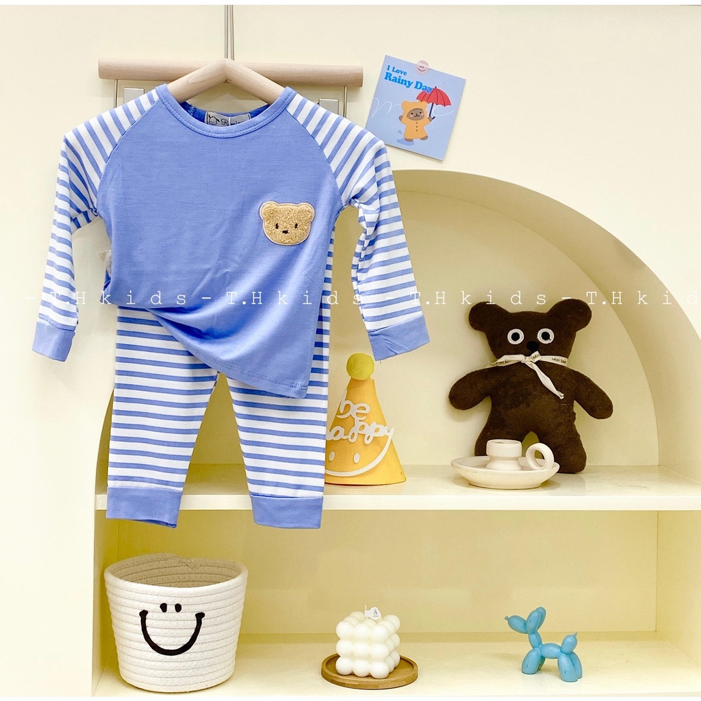 Bộ quần áo dài tay Rimino chất thun lạnh cổ chui đầu họa tiết thêu TL1 gấu phối sọc cho bé