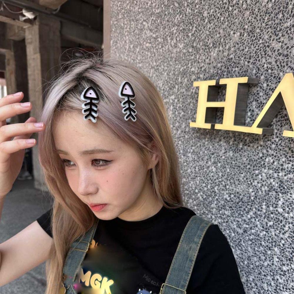 Kẹp Tóc Mái 26Eddie Y2K Hình Xương Cá Màu Hồng Axit Acetic Quà Tặng Cho Nữ