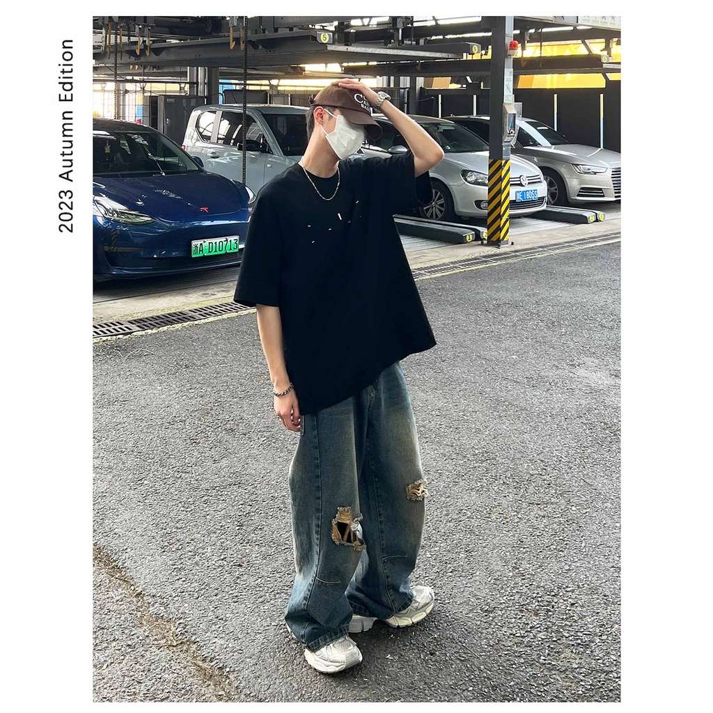 Quần Denim Ống Rộng Rách Gối Phong Cách Đường Phố Mỹ Chất Lượng Cao Cho Nam