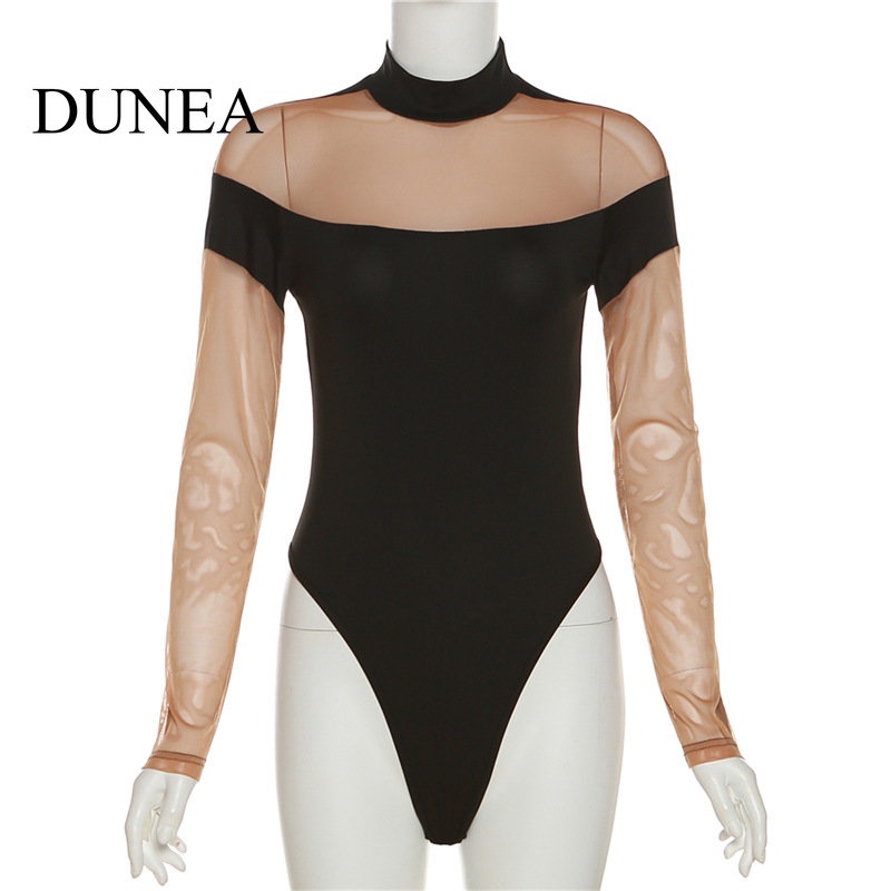 DUNEA Bộ Áo Liền Quần Cổ Cao Phối Lưới Gợi Cảm Cho Nữ